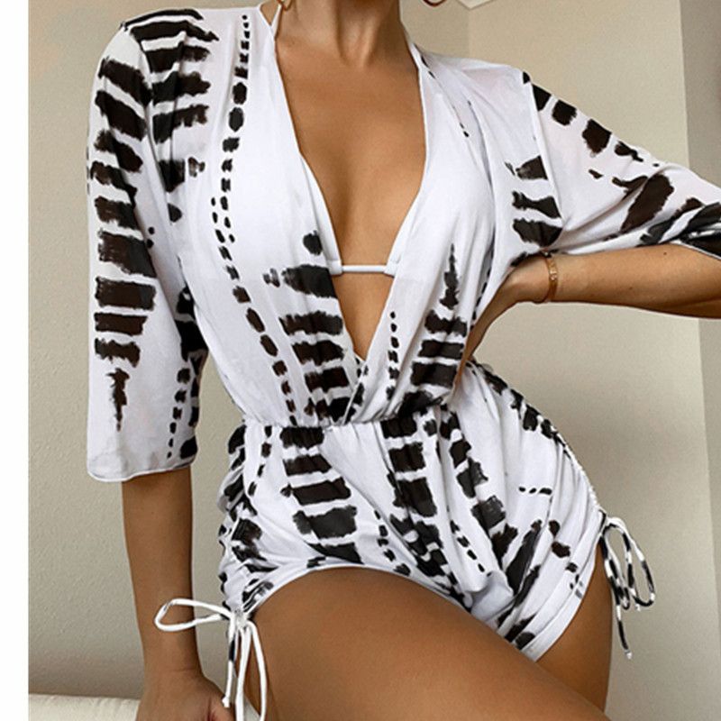 Costume da bagno intero da donna, a maniche lunghe, in rete, con cintura, a vita alta, con coulisse e stampa, tre pezzi_voghion.com
