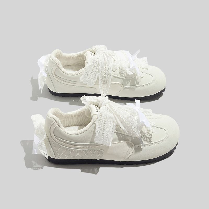 Elegant Lace Bow Beige German Training 2025 Spring New Versatile Flat Sneakers_voghion.com