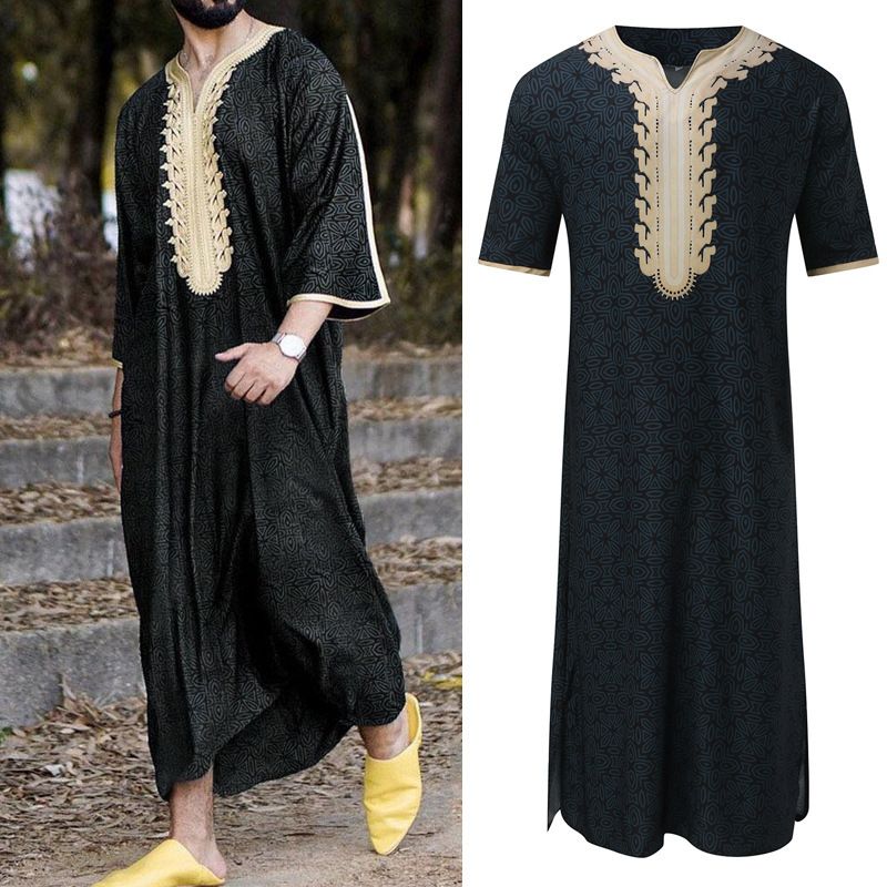Männer Muslimischen Sommer Mode Lose Robe Islam Kaftan Männer Kleidung Dubai Luxus Muslimischen Abaya Muslimischen V-ausschnitt Kurzarm Druck_voghion.com