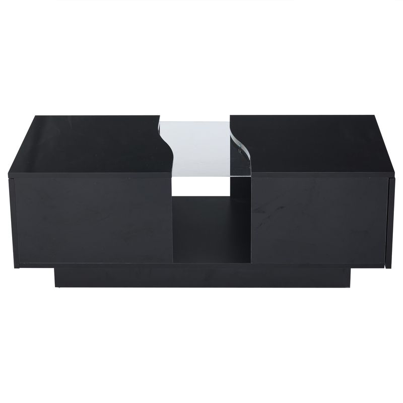 Table basse moderne à LED avec 2 tiroirs, 100 x 50 x 35 cm, plateau en acrylique noir brillant avec éclairage LED, table d'appoint en MDF pour salon et chambre._voghion.com