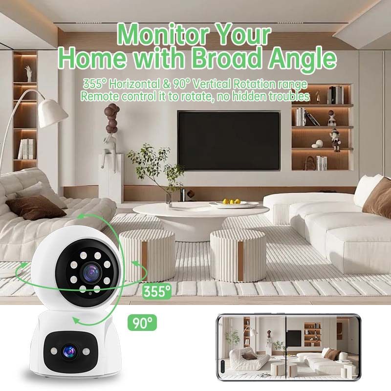 360° draaibare WiFi-beveiligingscamera met dubbele lens, nachtzicht, tweerichtingsaudio en bewaking op afstand voor gebruik binnenshuis_voghion.com