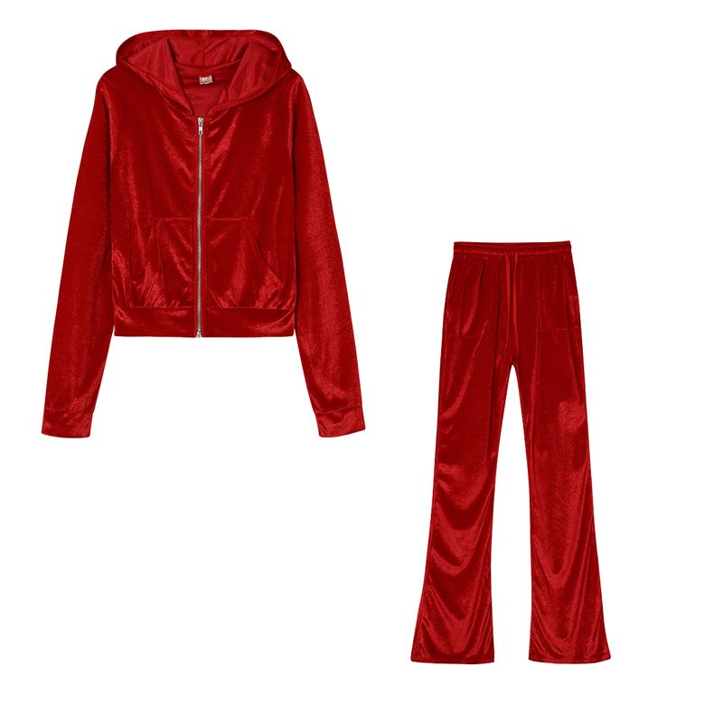 Women's Solid Color Multi-color Casual Canary Pocket Hooded Zipper Hoodie Wide Leg Pants Two-piece Set_voghion.com