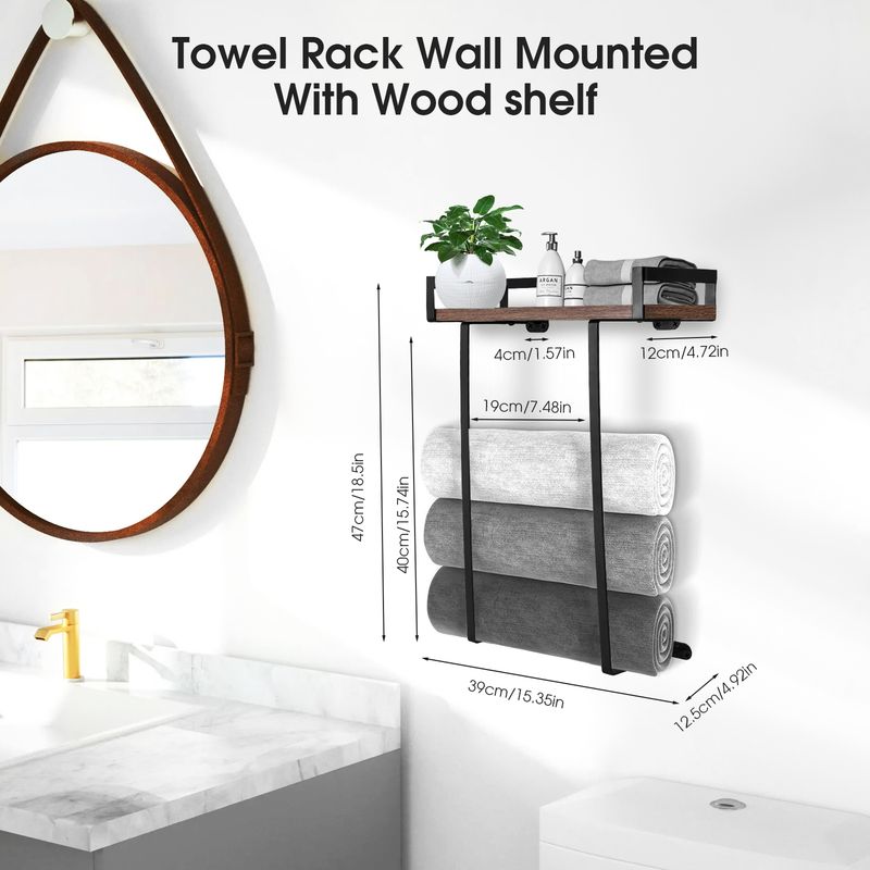 Handtuch Halter Schwarzer Wand Handtuch Halter, Wand Handtuch Halter, Handtuch Halter Aus Edelstahl Für Badezimmer Mit Holzplatte_voghion.com