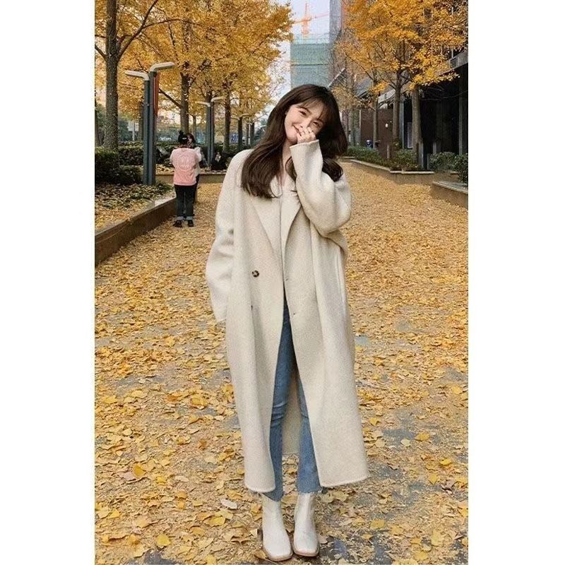 Damen Grobstrick Zweireihiger Wollmantel Winter Oversize Trenchcoat Mit Pelzkragen_voghion.com