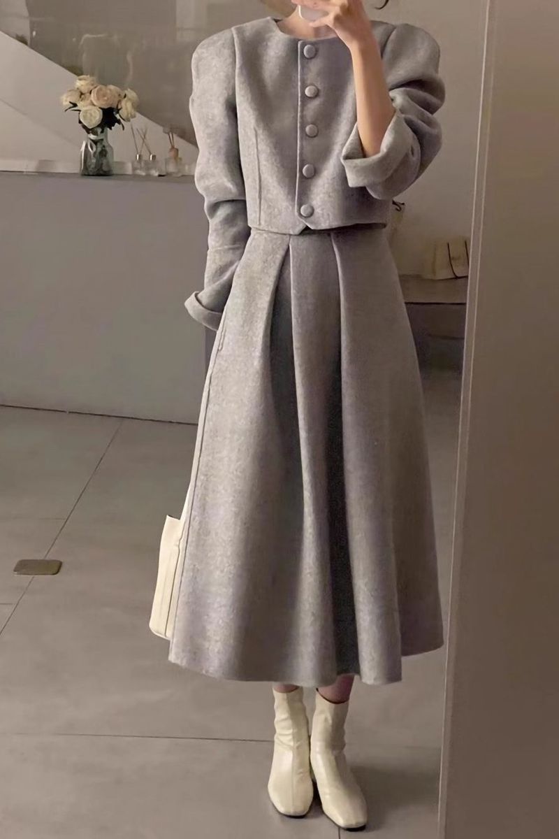 Luxuriöses zweiteiliges Wollset für reiche Frauen, elegantes französisches Kleid im Hepburn-Stil für Damen im Herbst und Winter_voghion.com
