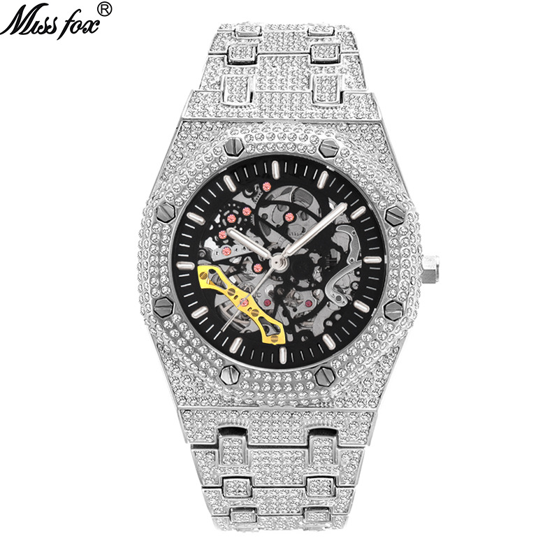 MISSFOX Full Diamond Hollow mechanische wasserdichte Herrenuhr aus leuchtendem Edelstahl_voghion.com