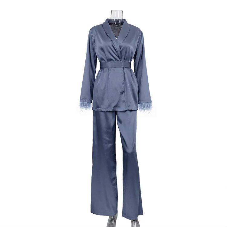 Abbigliamento da donna Autunno Casual Lazy Suit Piuma Manica lunga Lacci Raso Due pezzi Suit_voghion.com