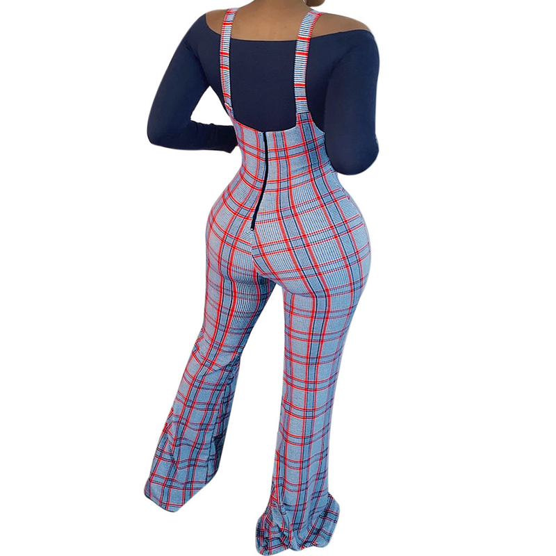 Women's sexy slim line shoulder coat plaid suspenders two-piece set_voghion.com