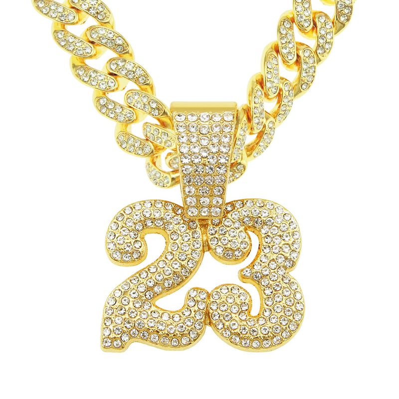 Collana con ciondolo a forma di numero 23, con cristalli Swarovski, da uomo e da donna, con catena cubana da 13 mm, stile hip hop, moda e rock._voghion.com