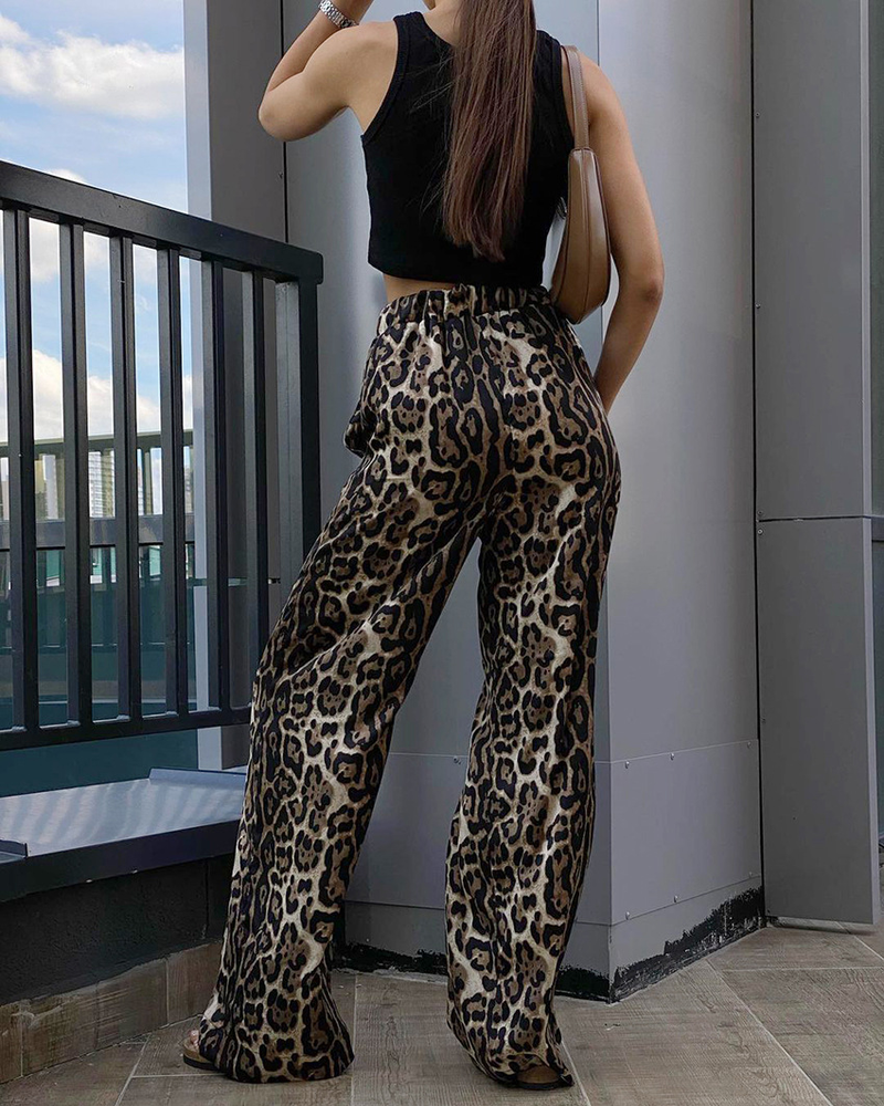 Damenhose mit weitem Bein und Leopardenmuster, lässige Hose, neues elastisches Band, locker._voghion.com