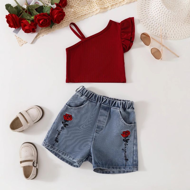 Ropa para niños Pantalones cortos de mezclilla para niñas Pantalones cortos de mezclilla de estilo nuevo de verano para niñas Chaleco rojo Traje corto de mezclilla_voghion.com