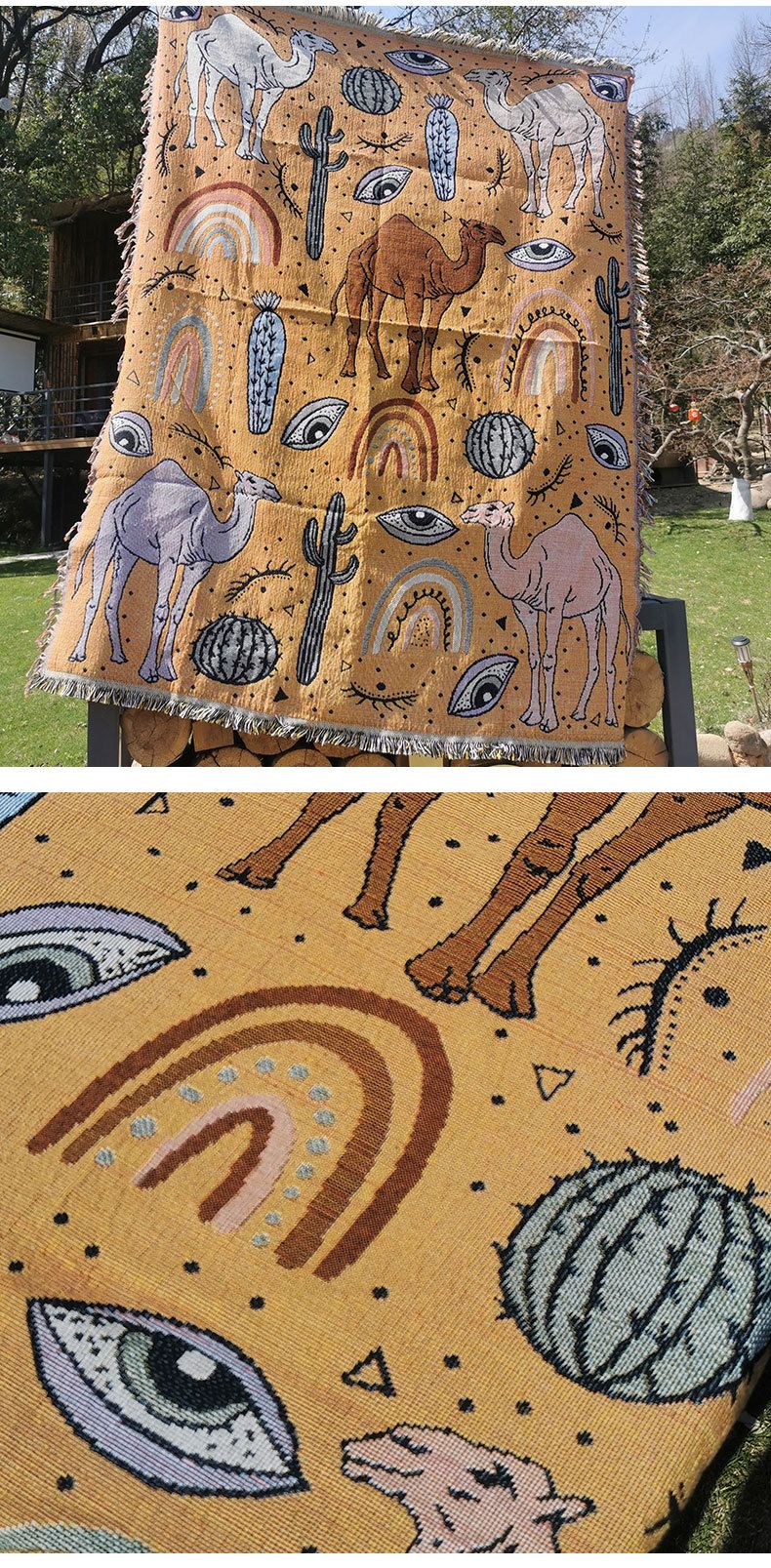 Modern Minimalist Sofa Throw Blanket - Camel Jacquard Pattern, Multi-Functional, Dust-Proof_voghion.com