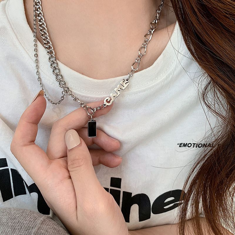 Black zircon letter stitching silver necklace female 2023 new hip-hop clavicle chain ins niche personality necklace_voghion.com