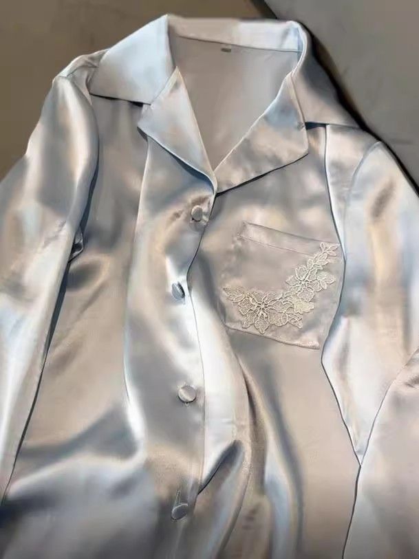 Unterwäsche & Nachtwäsche Luxuriöses Pyjama-Set aus Eisseide für Damen – Langarm und Hose mit Spitzenbesatz, bequeme Nachtwäsche für Frühling und Sommer, süß_voghion.com