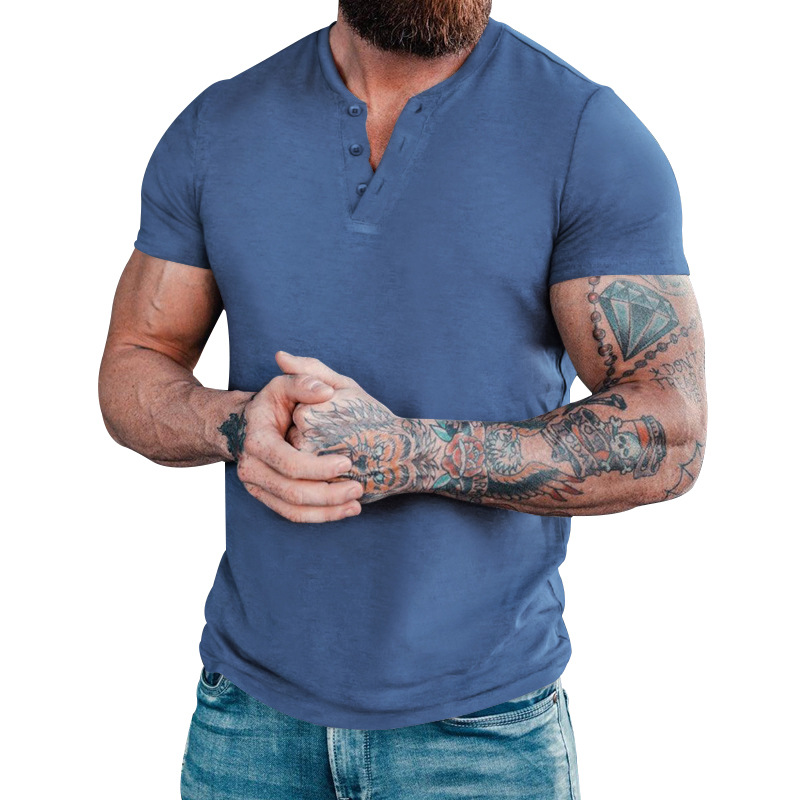 2023 Trendy Herrenmode Europäische Größe 6XL Button Henry Rundhals Kurzarm Slim Fit Einfarbiges T-Shirt_voghion.com