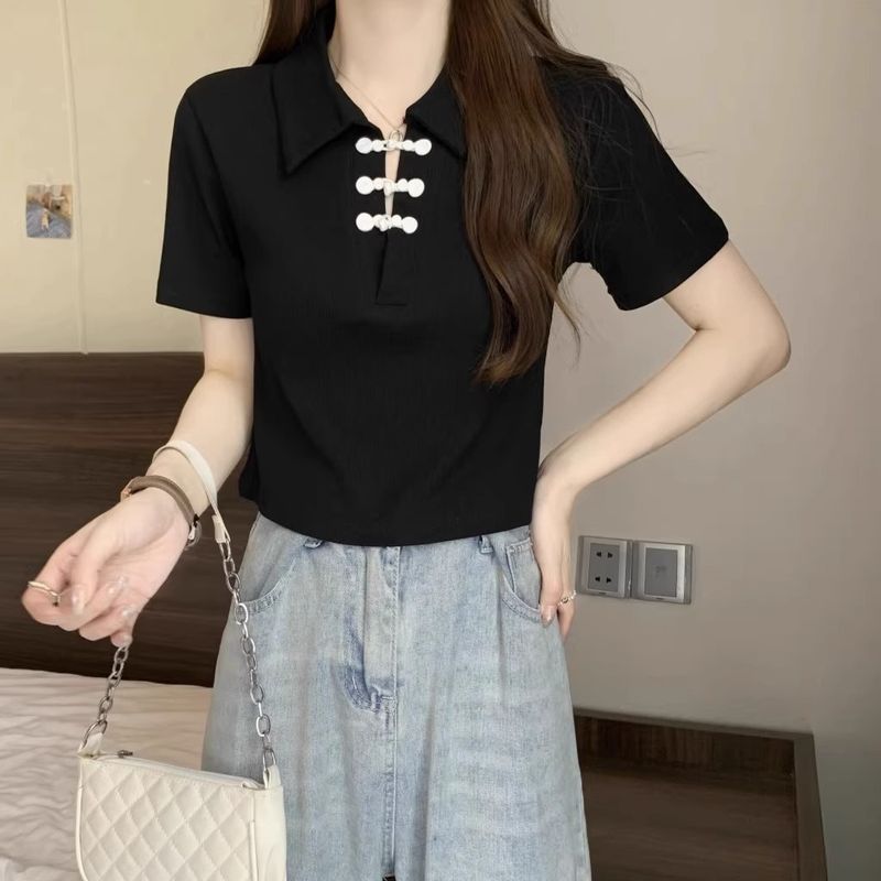 New buckle Chinese style sleeved T-shirt for women in summer 2024, covering the belly and showing off thinness, short_voghion.com