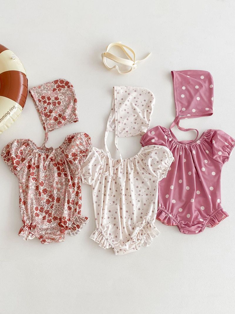Maillot de bain d'été coréen pour filles, bulle à la mode pour bébé, mignon, manches courtes, une pièce enveloppée, bas, imperméable, chapeau de natation_voghion.com