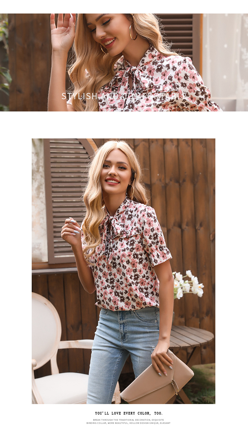 Top rosa a maniche corte Camicie floreali larghe con fiocco stampato_voghion.com