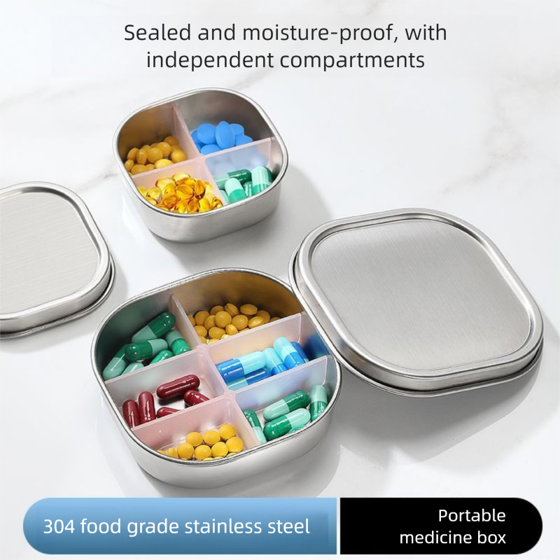 Praktischer, kleiner, tragbarer Pillenorganizer mit mehreren Fächern aus lebensmittelechtem Edelstahl 304 – versiegelt – für Nahrungsergänzungsmittel_voghion.com