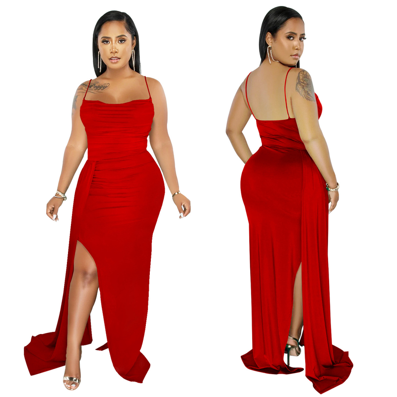 Abbigliamento da donna moda bretelle da donna tinta unita scialle laterale trascinato abito aperto laterale per donna_voghion.com