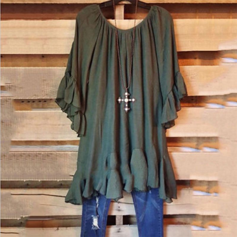 Letnia stylowa tunika damska z falbanką, nieregularna, codzienna, bluzka, koszulki, bluzki, noszona na co dzień_voghion.com