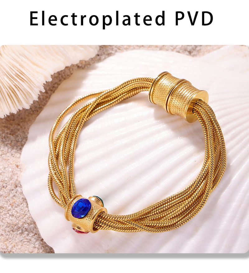 Damenschmuck, mehrlagige Halskette und Armband-Set mit Strasssteinen, Titanstahl vergoldet, minimalistisches Luxus-Modeaccessoire für Frauen_voghion.com