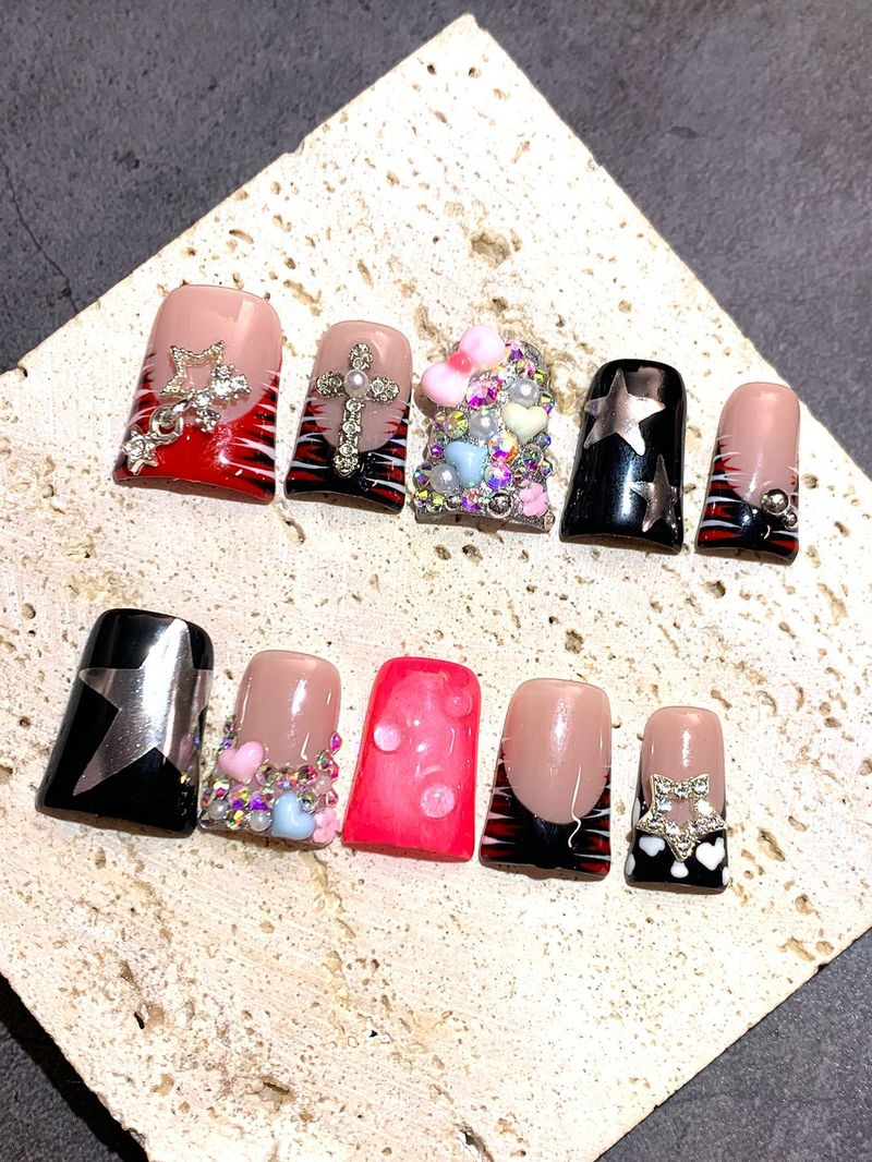 10PCS Handmade Short Duck Bill Press On Nails | Mirror Powder Star Cross Design, Europe & America Export_voghion.com