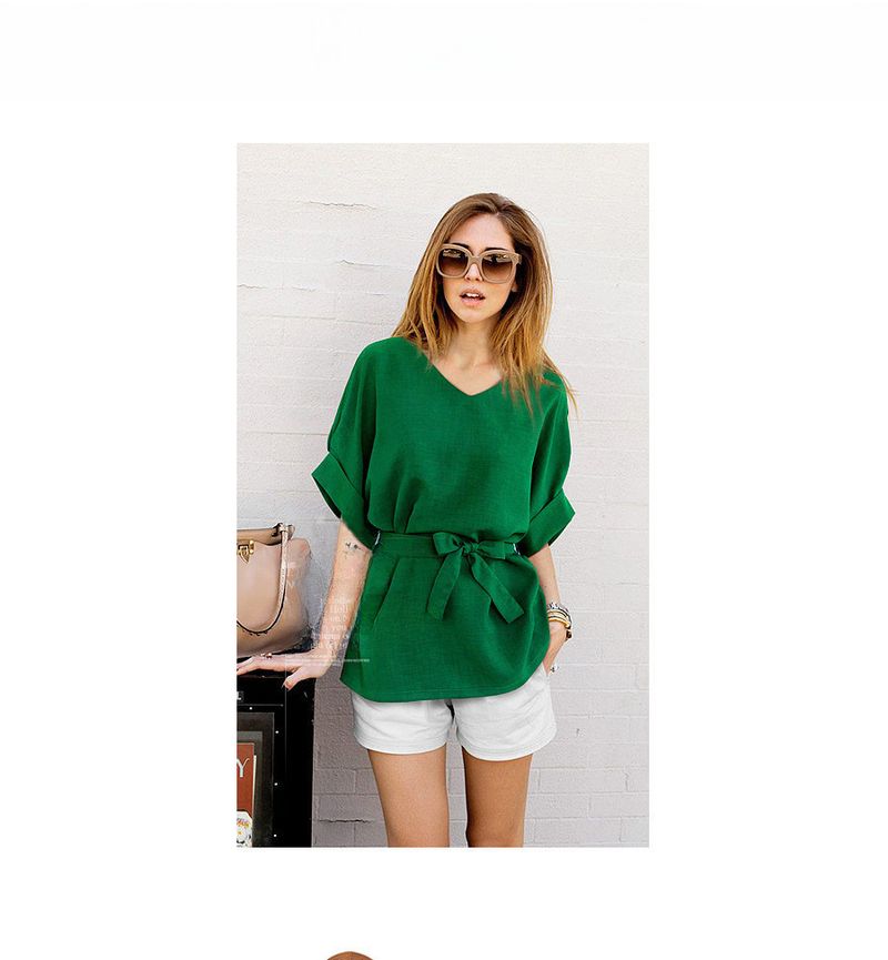 Camicia da donna a maniche corte in lino con scollo a V. Top in lino di cotone di grandi dimensioni con maniche a pipistrello_voghion.com
