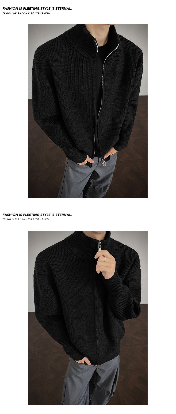 Unisex-Pullovermantel mit Stehkragen und Reißverschluss – Stilvolle Herbststrickmode mit schmaler Passform, Retro-Design und modischem Look_voghion.com