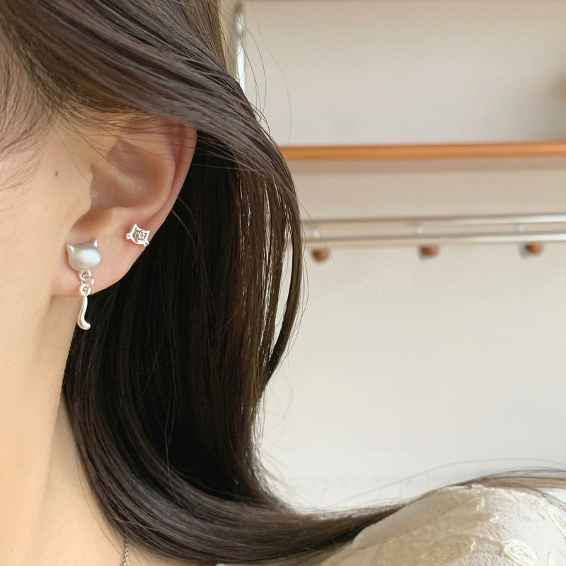 Orecchini a forma di gatto piccolo, opachi, semplici e carini, per donne, con design a nicchia in argento, squisiti orecchini a forma di animale per studenti_voghion.com