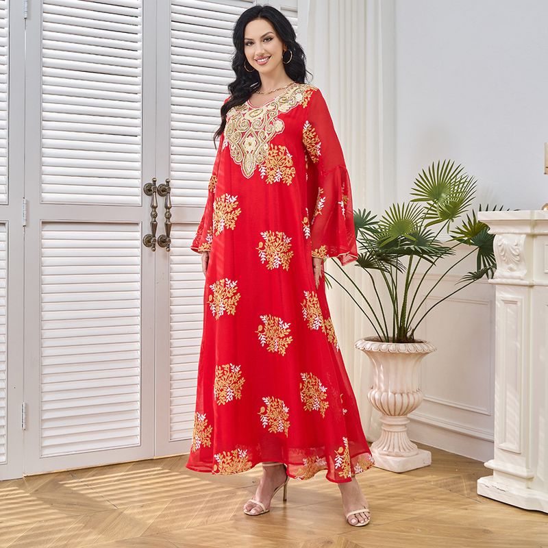 Mt220 Robe Abito elegante Abaya da donna con colletto di perline ricamato rosso_voghion.com