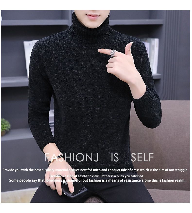 Pull col montant en chenille pour homme - Pull d'hiver en tricot thermique avec doublure polaire, coupe ample inspirée, détail badge tendance pour un style décontracté._voghion.com