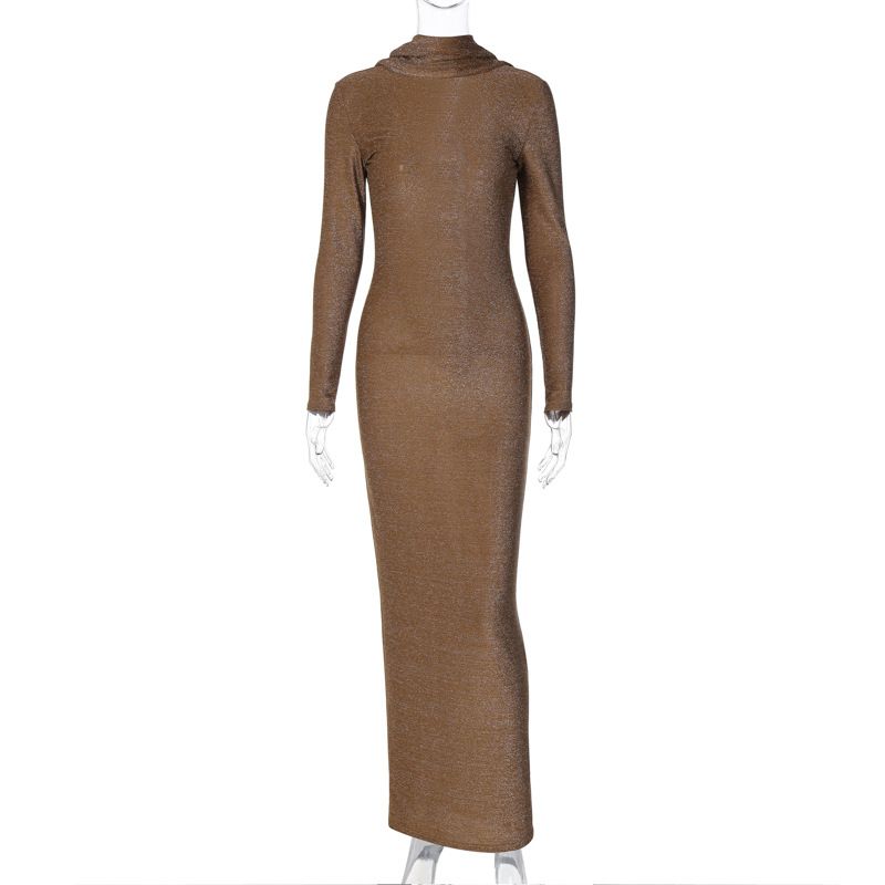 Damenbekleidung Helle Seide Rückenfreier Langer Rock Herbst Langarm Sexy Temperament Kleid_voghion.com