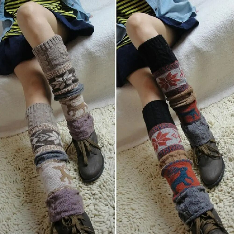 Women Deer Snowflake Patterns Crochet High Stretchy Long-term British Style Cable Knit Knee-High Boot Socks_voghion.com