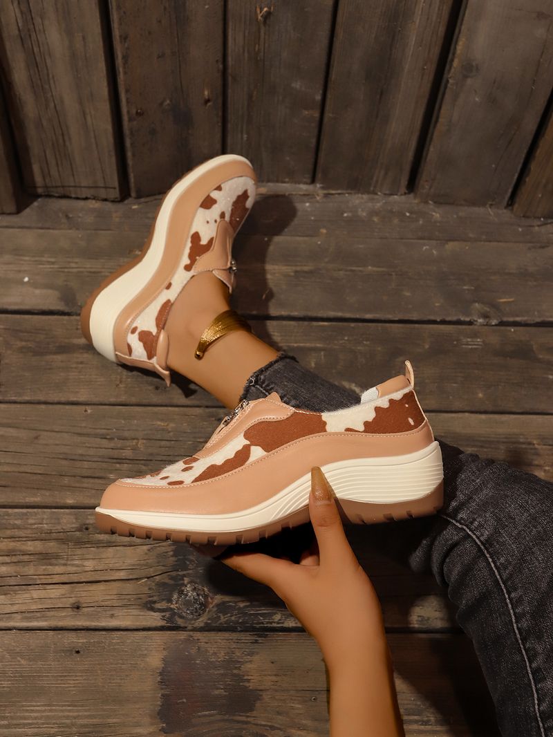 Damenschuhe große Freizeitschuhe farblich passende Leopardenmuster Keilabsatz dicke Sohle runde Zehen Slip-On-Schuhe_voghion.com