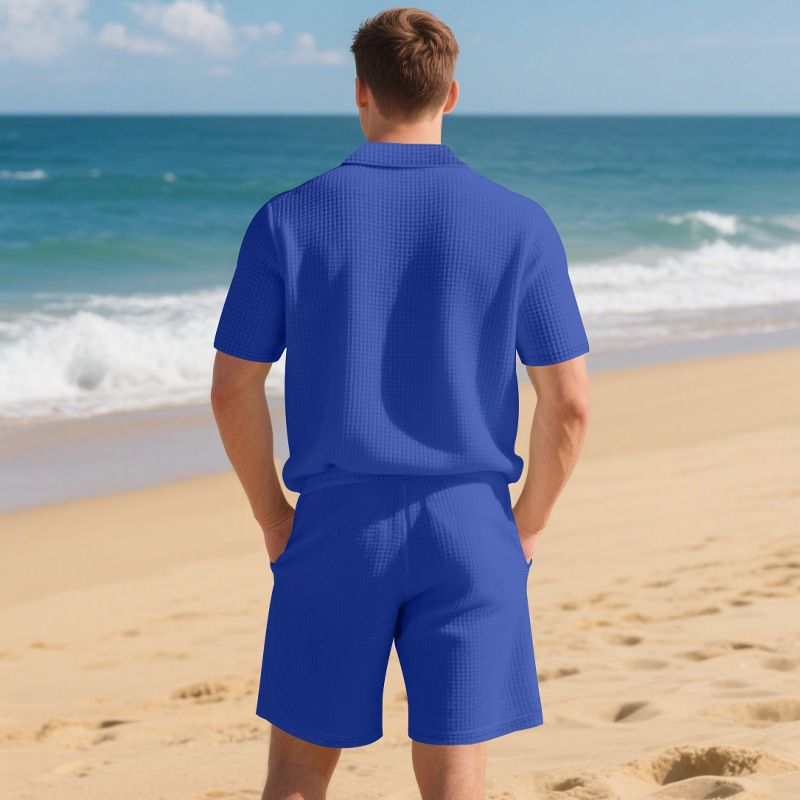 Polo ample à manches courtes et col gaufré pour homme, style américain, ensemble décontracté avec short et col gaufré_voghion.com