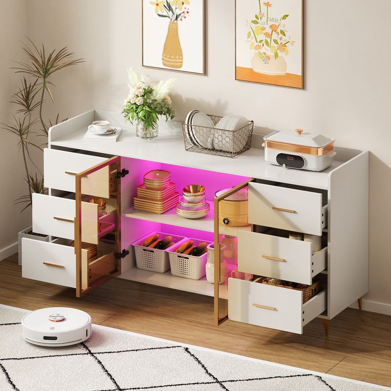 Küchenschrank Weiß 160x87cm, 6 Schubladen, Glastüren, LED-Beleuchtung, Goldgriffe_voghion.com