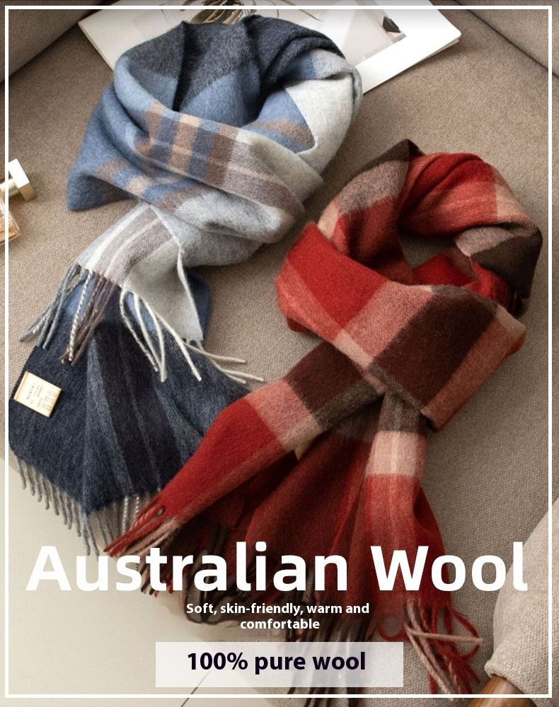 100% Wool Scarf For Christmas Women's Versatile Thickened Autumn And Winter New Style Scarf With Grid Splicing And Warm Shawl_voghion.com