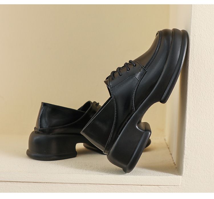 Platform Loafers Women's Lace-up Single Shoes Thick Heel Retro British Style Small Leather Shoes Women_voghion.com