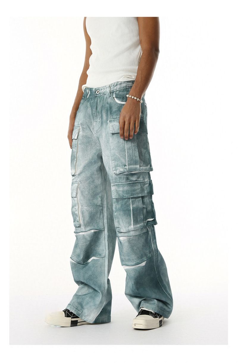 EF JEANS | 2025 Spring New Niche Heavy Industry Gradual Change Spray Color Do Old Multi Pocket Wide Leg Cargo Pants Tide_voghion.com