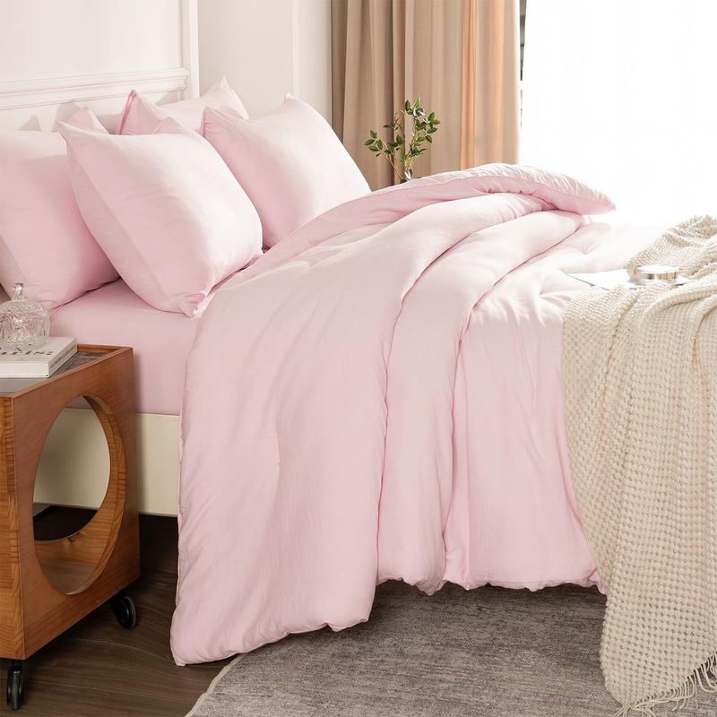 Set di biancheria da letto rosa tinta unita e soffice - Piumino trapuntato in poliestere con copripiumino e federe - Morbido e accogliente_voghion.com