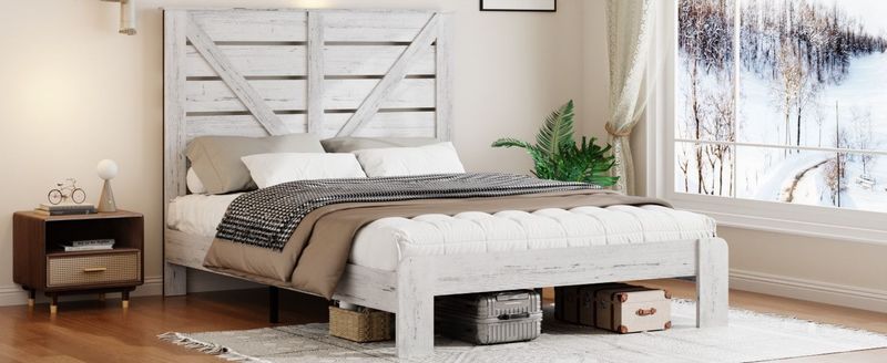 Full Bed Frame Headboard , Wood Platform Bed Frame , Noise Free,No Box Spring Needed And Easy Assembly Tool,Large Under Bed Storage,White_voghion.com