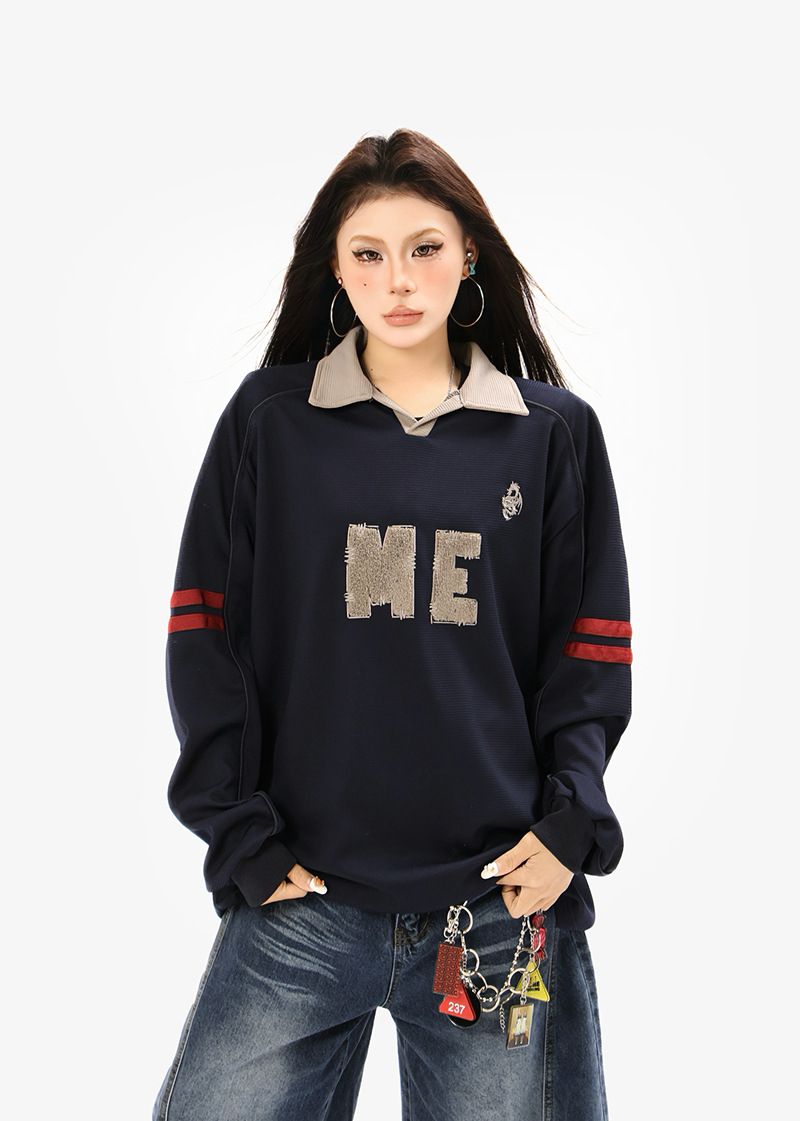 Sweat-shirt à col rabattu avec lettres brodées, style américain, unisexe, nouveau polo ample et décontracté en jersey 2025_voghion.com