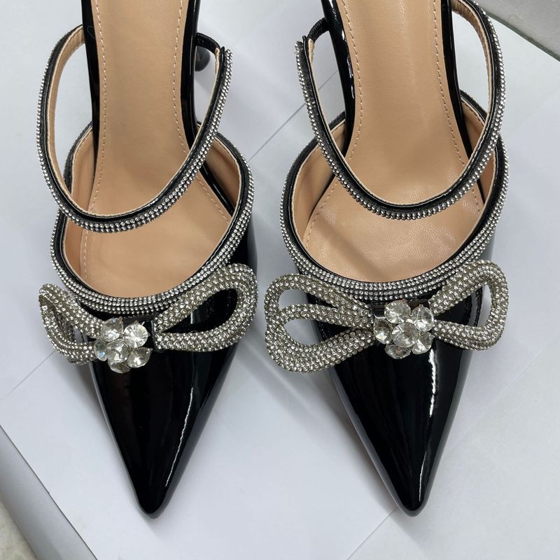Schwarze Pantoletten mit Schleife und Strasssteinen und hohem Absatz für Damen – Slip-On-Sandalen mit spitzer Zehenpartie für Damen_voghion.com