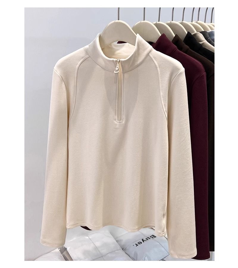 Half-Zip Stand Collar Fleece-Lined Long Sleeve Sweatshirt - Women's Thermal Base Layer For Fall & Winter_voghion.com