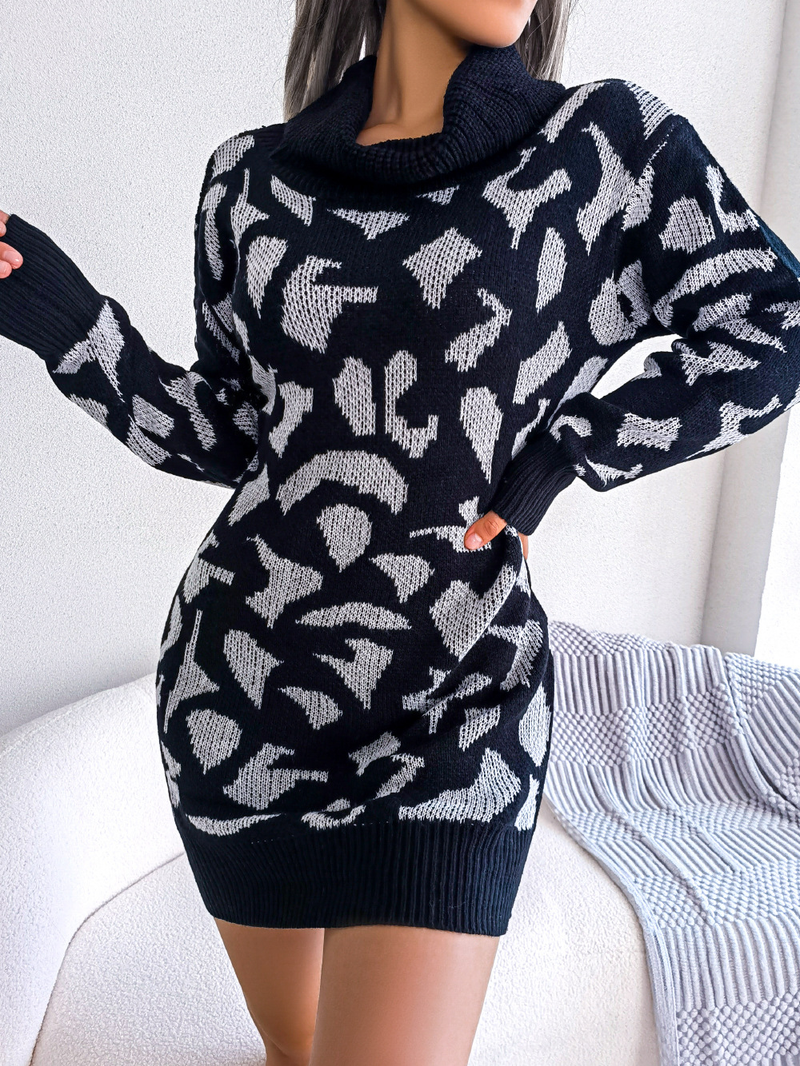 Damenbekleidung Echte Aufnahme des Herbst- und Winter-Street-Styles, hochgeschlossenes, langärmliges Pulloverkleid mit Leopardenmuster und unabhängiger Station_voghion.com