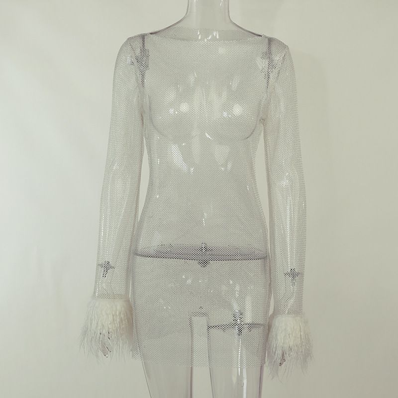 Abito da sera in rete trasparente con fili glitterati – Mini abito aderente senza maniche per la serata (nero/rosa/bianco)_voghion.com