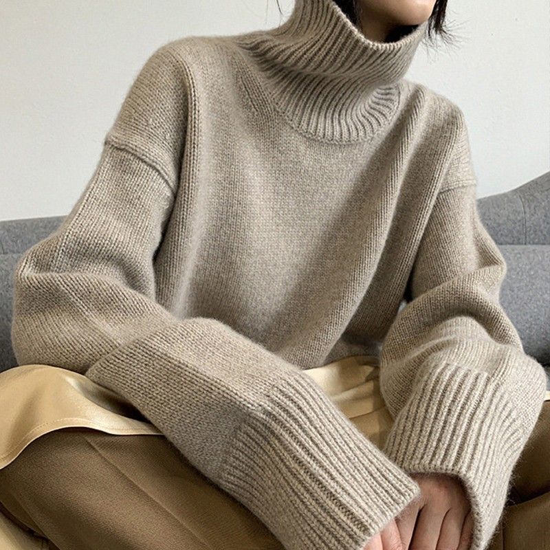 Maglione oversize da donna in misto cashmere con collo alto - Pullover morbido e ampio in maglia con motivo 3D, caldo top casual invernale_voghion.com