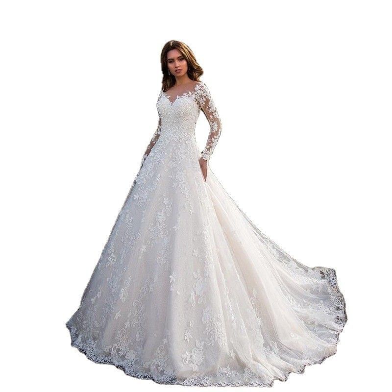 Damenbekleidung Langarm One-Shoulder Weißes Brautkleid_voghion.com