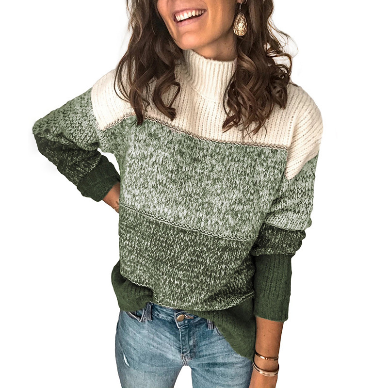 Damen-Strickpullover mit lässigem Oberteil in verschiedenen Farben, gestreiften Nähten und hohem Kragen in Kontrastfarbe_voghion.com